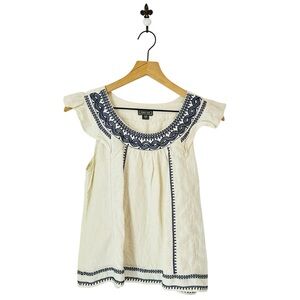 J.Crew Point‎ Sur Embroidered Ruffle Sleeve Linen Top Size XSP Petite Ivory Blue